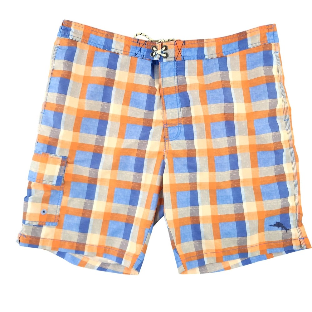 Tommy Bahama Swim Shorts Mens XL Multicolor Plaid Lined Cargo Beach Tropical